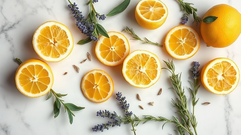 overhead flat lay of fresh Sicilian lemons, halved bergamot fruits, lavender sprigs and rosemary stems scattered on a wh