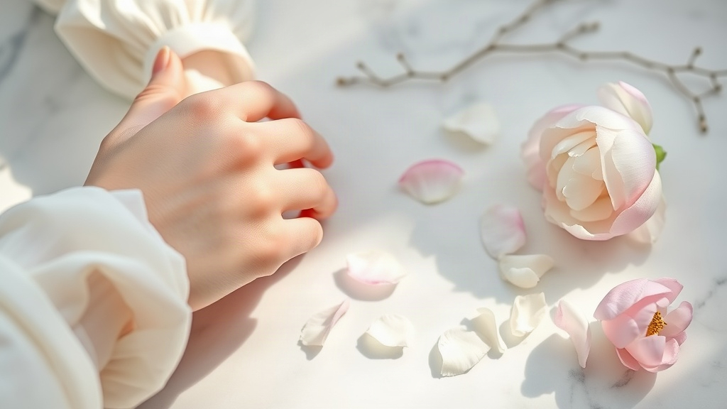 close-up photograph of an elegant woman's wrist and fingertips, soft diffused morning light, delicate white peony a