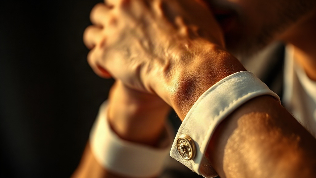 Close-up of a man's wrist and hand applying perfume, warm natural skin tone, soft golden side light, blurred dark b
