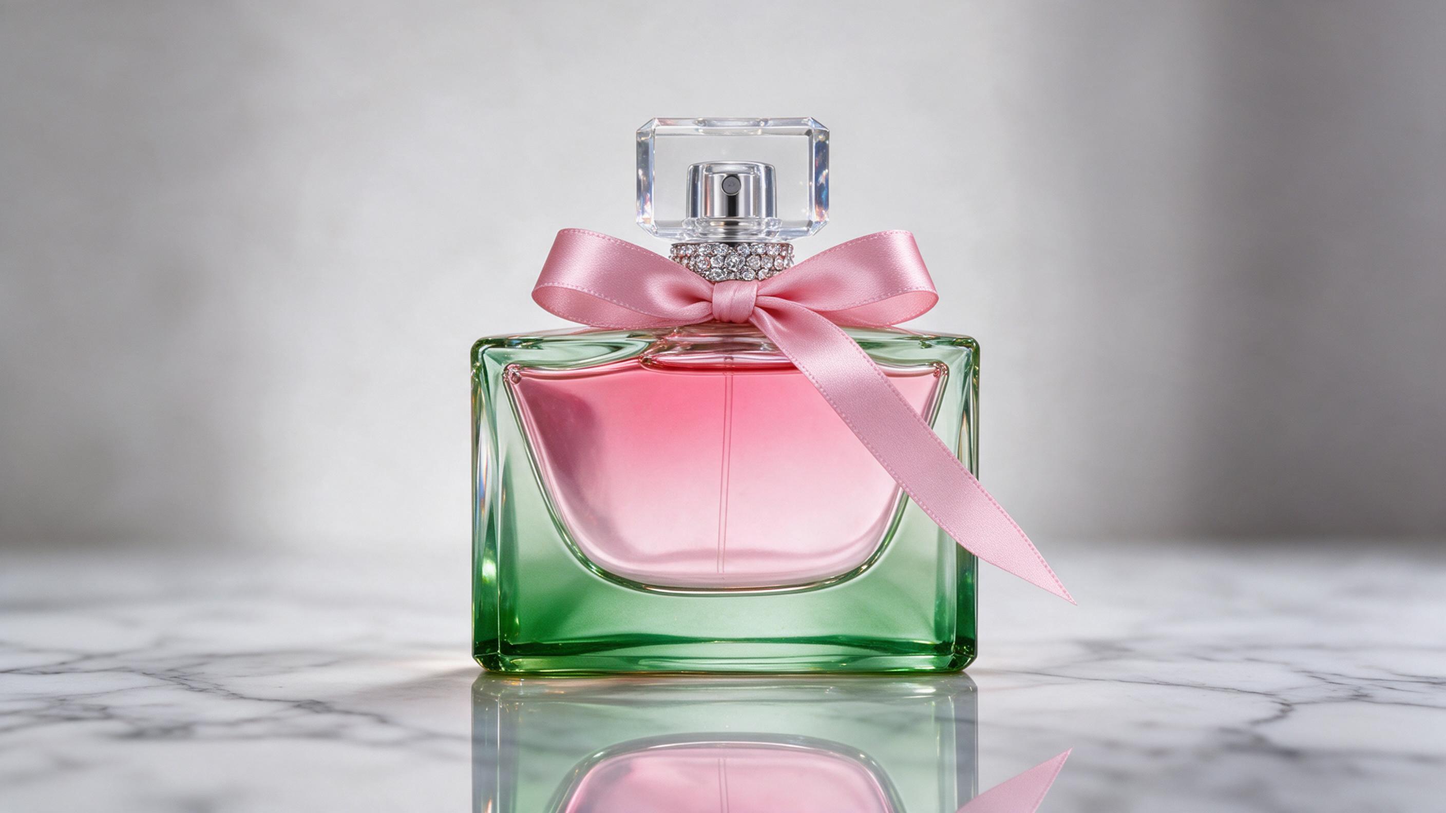 elegant photograph of a green ombre glass perfume bottle with a pink ribbon bow on the neck, standing on a reflective ma