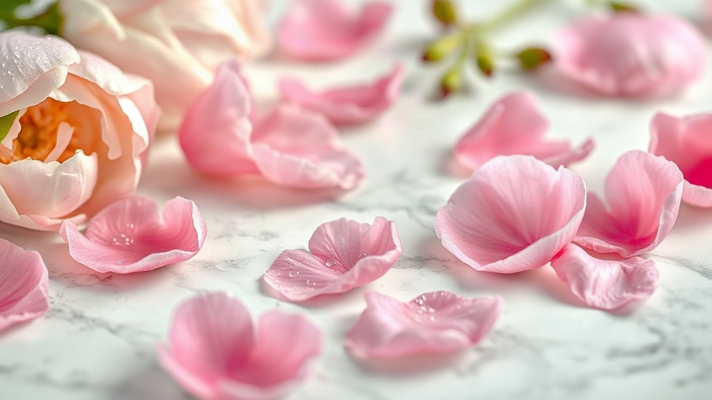 close-up macro photograph of fresh pink peony petals and delicate rose blooms scattered on a white marble surface, soft 