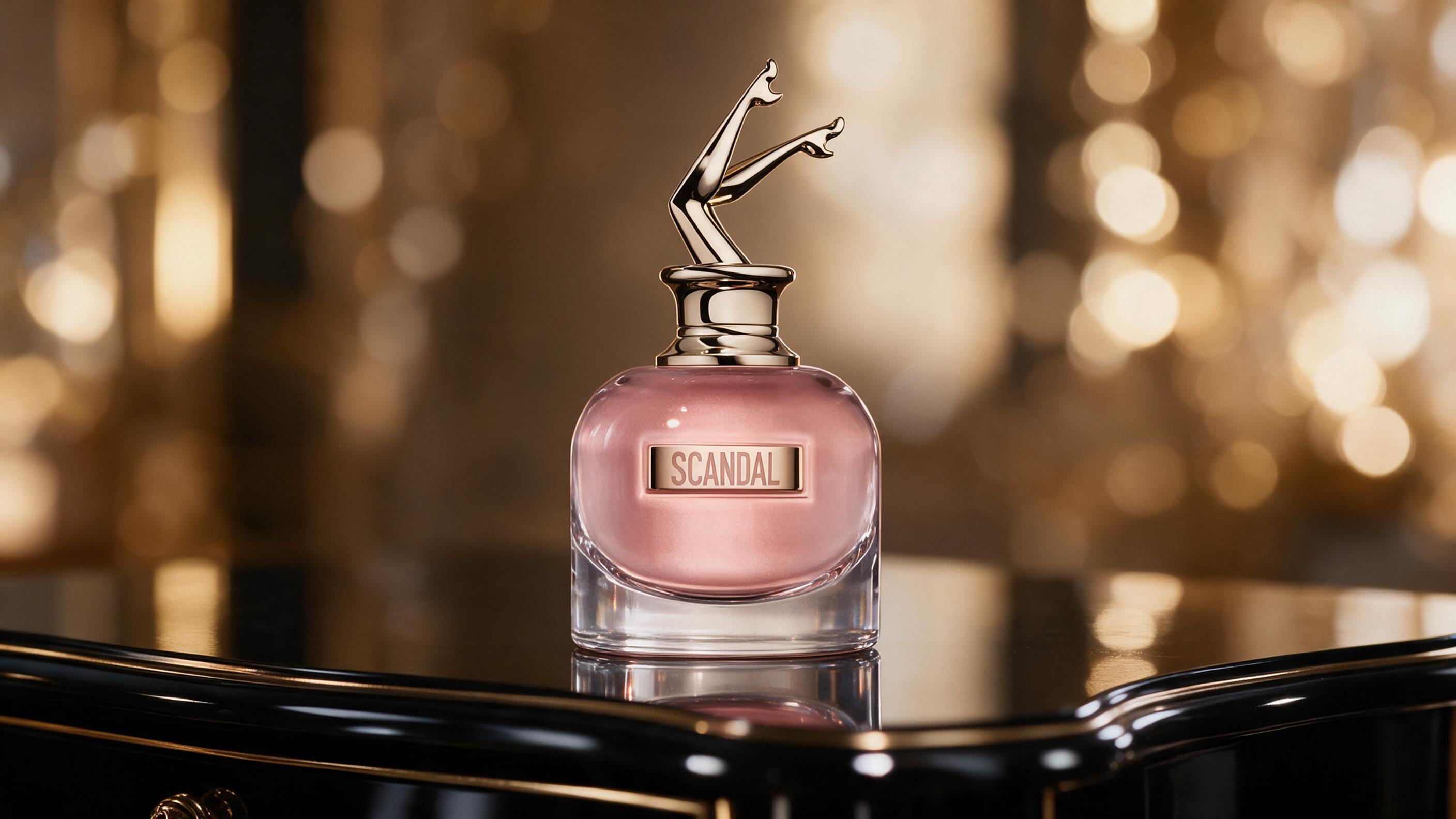 a glamorous gold-toned perfume bottle shaped like an elegant stiletto high heel, placed on a black lacquered vanity tabl