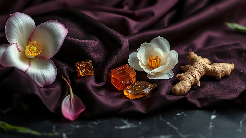 gardenia flowers, peony petals, amber resin chunks and ginger root arranged on dark plum silk fabric over black marble s