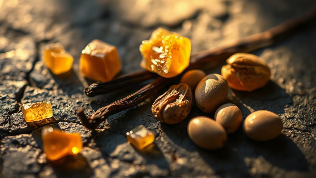 Close-up macro photography of amber resin chunks, vanilla pods, and tonka beans arranged on a dark textured stone surfac
