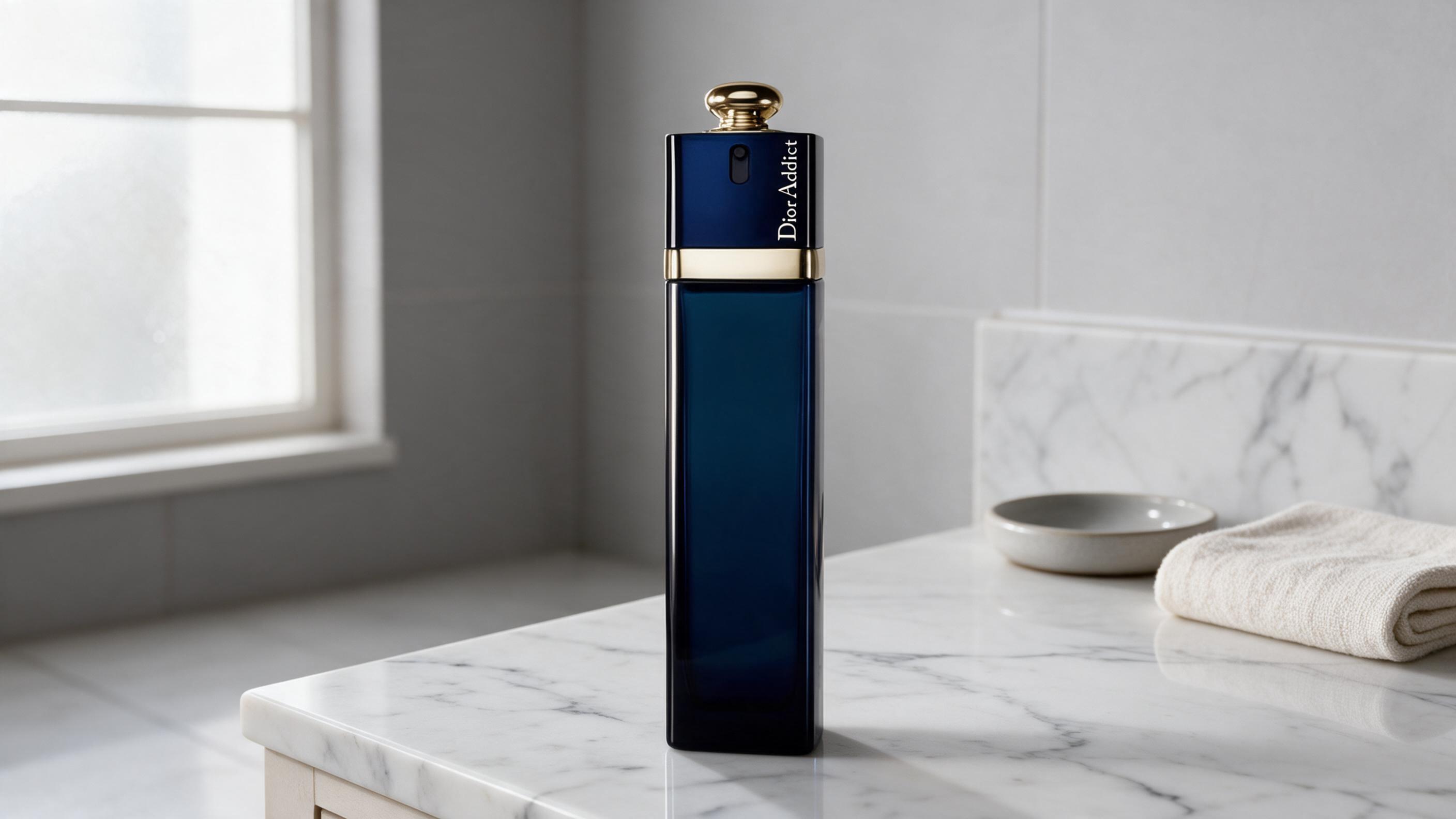 Dior Addict eau de parfum bottle standing on a white marble vanity table, soft diffused daylight from a window, minimali