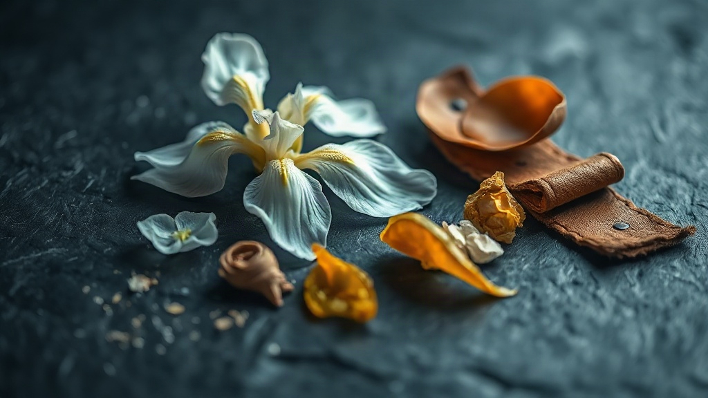 close-up macro still life of perfume raw materials on a dark slate surface, pale iris flowers and orris root, a piece of