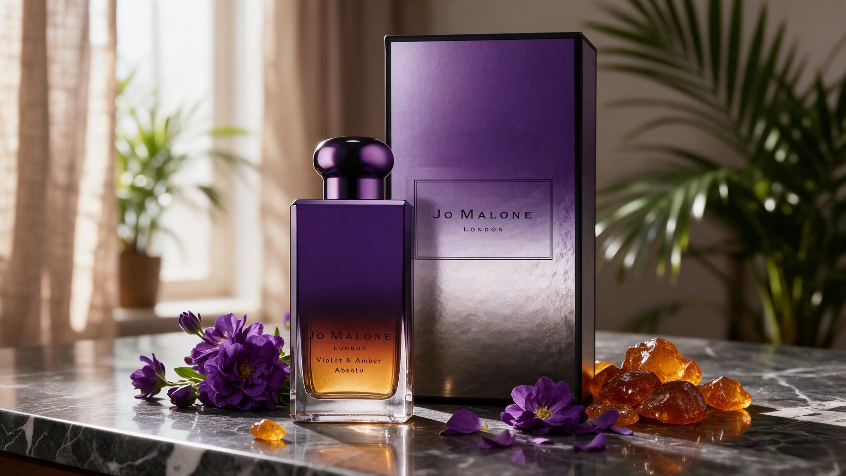 elegant glass perfume bottle labeled with a minimalist cream and black design, standing on a polished marble surface, so