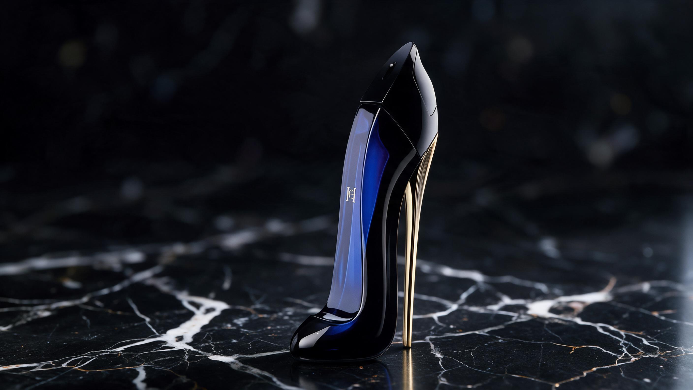 Elegant black stiletto-heel shaped perfume bottle with gold cap and bow ribbon detail, standing on a dark marble surface