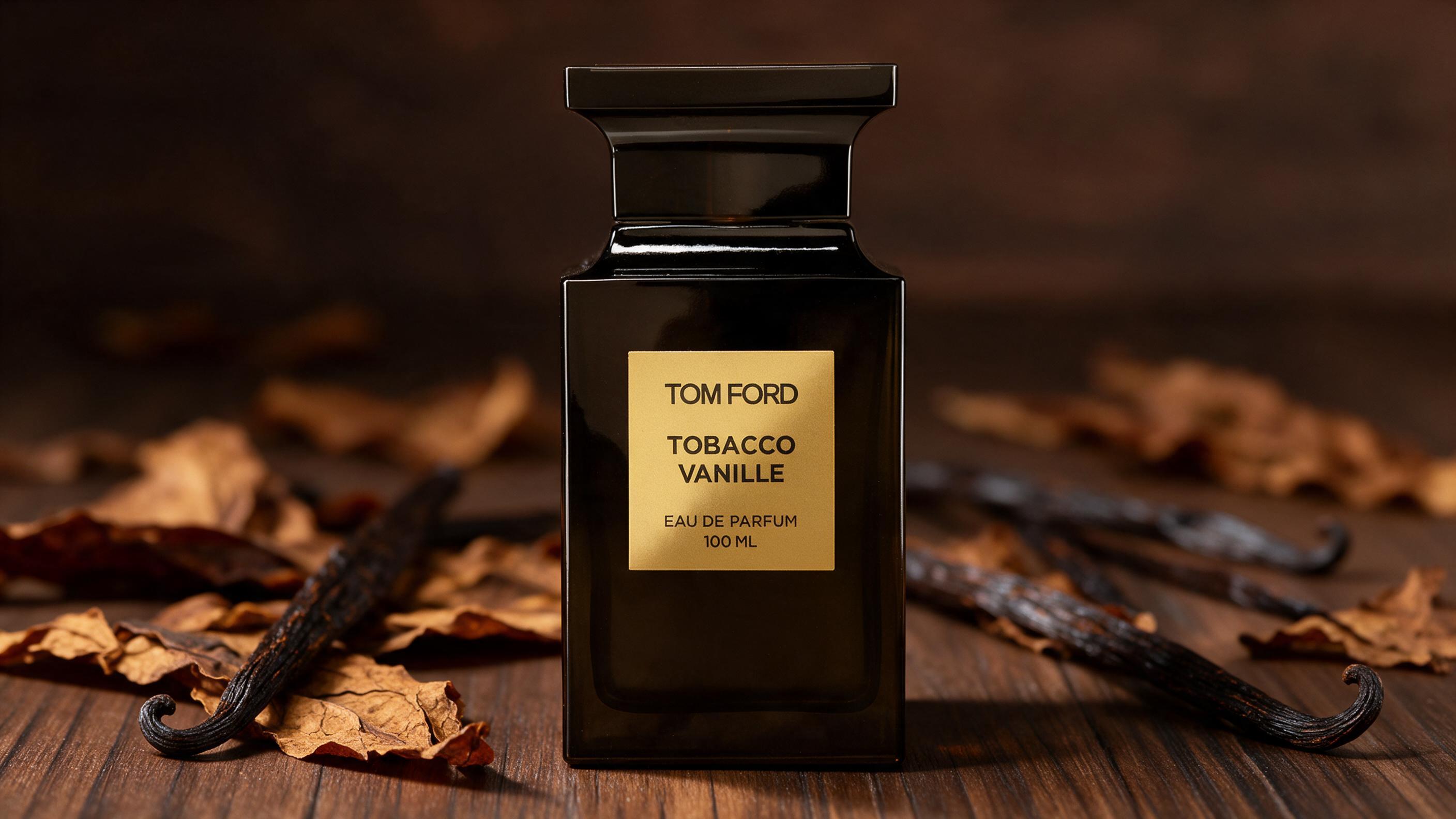a luxury dark amber perfume bottle with an elegant minimalist label, standing on a dark wooden surface with soft warm st