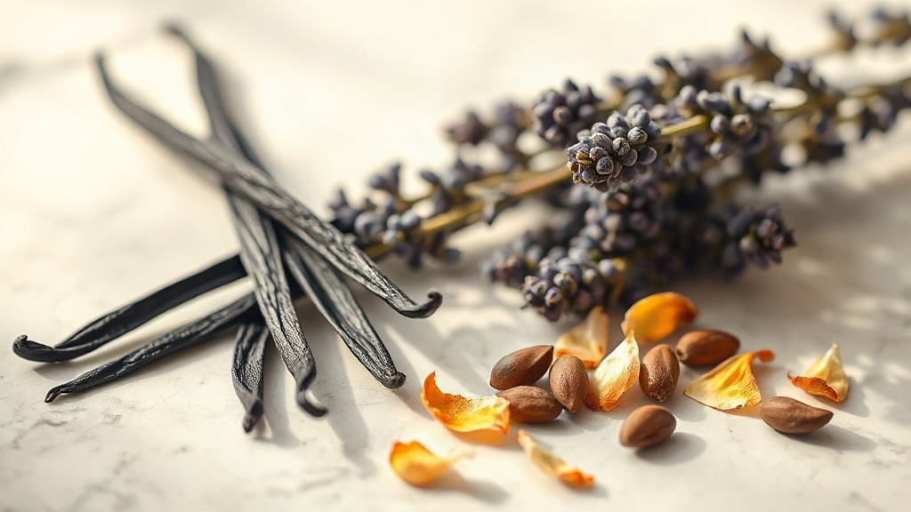 whole vanilla pods, lavender sprigs, orange blossom petals and tonka beans arranged on a marble surface with soft warm n