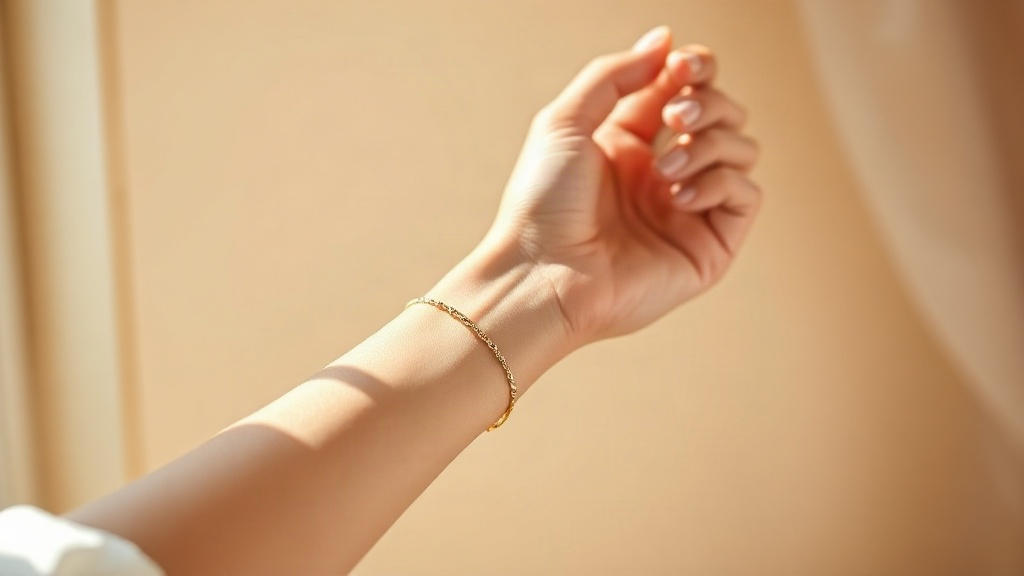 elegant woman's wrist and hand with delicate gold bracelet, graceful gesture of applying perfume to the inside of t