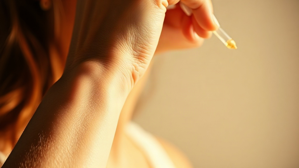 Close-up of a woman's wrist and hand applying perfume from a glass atomizer, soft golden light, delicate skin textu