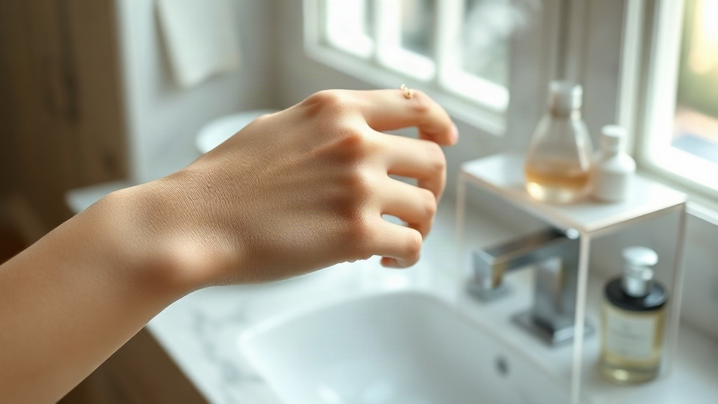 close-up of an elegant woman's wrist and hand with delicate gold jewelry, a soft visible perfume mist above the ski