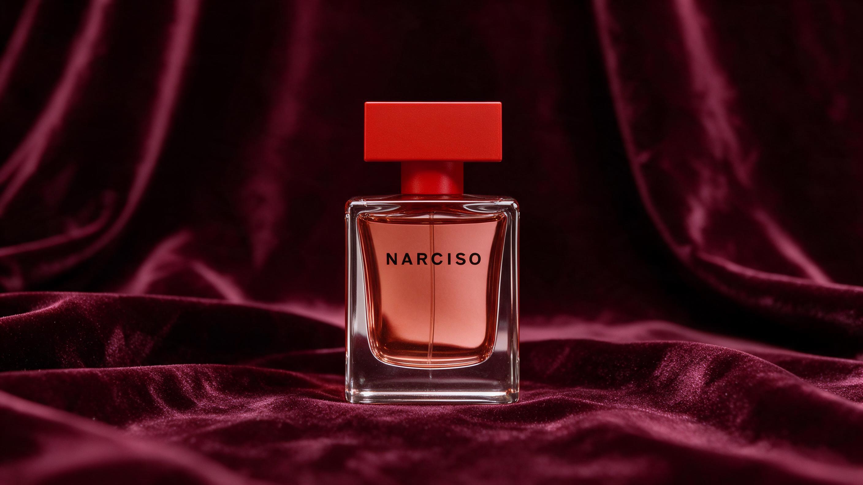 Elegant perfume bottle labeled minimally, warm amber-rose liquid visible through clear rectangular glass, soft studio li