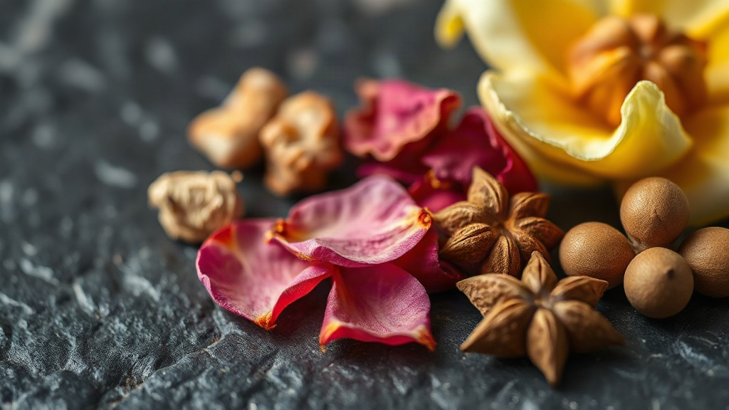 close-up macro photograph of raw perfumery ingredients, chunks of frankincense resin, dried rose petals, bergamot peel a