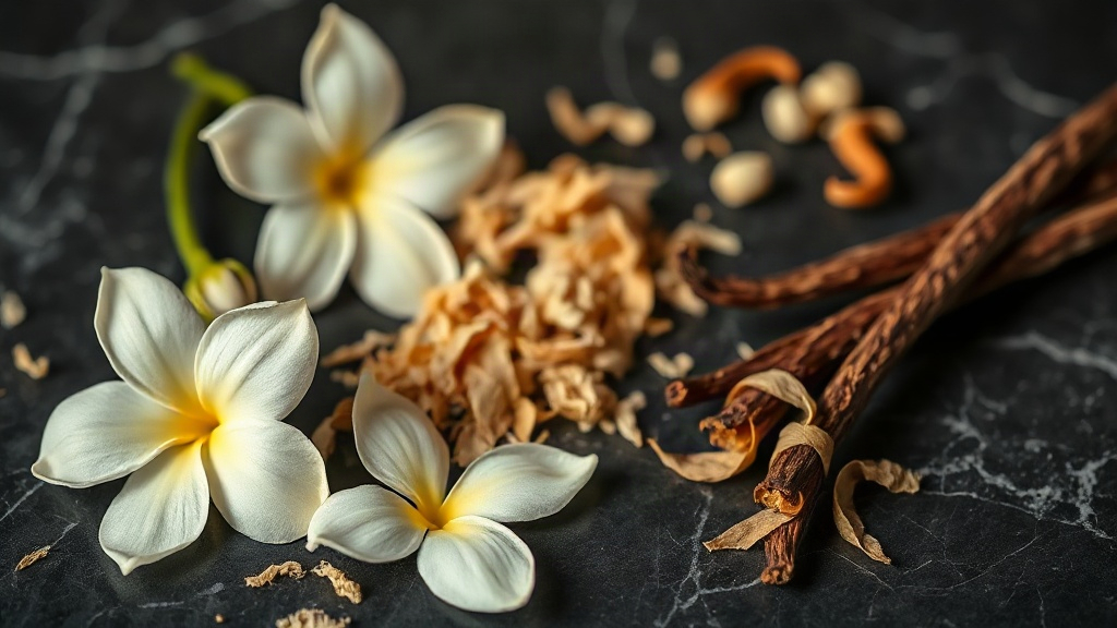 close-up macro photograph of raw perfumery ingredients arranged on dark marble surface, fresh jasmine blossoms, ylang yl