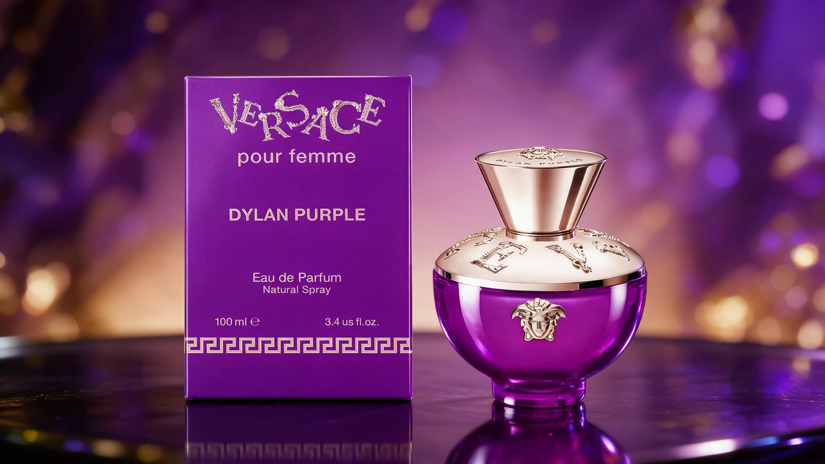 Elegant purple perfume bottle with angular faceted glass design and dark cap, studio product photography on a reflective