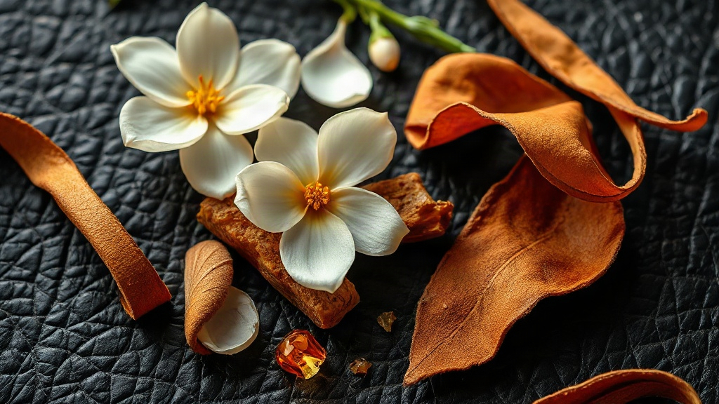 Close-up flat lay of raw perfume ingredients on dark leather texture: curled strips of tanned leather, fresh jasmine blo