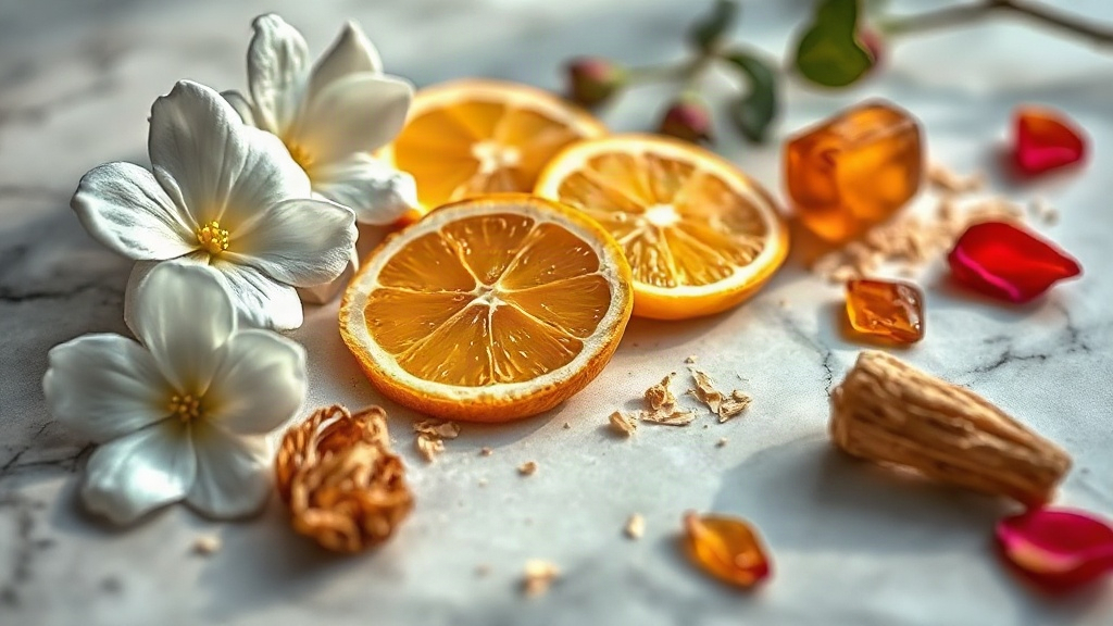 close-up macro photograph of perfume raw materials arranged on a marble surface, fresh jasmine blossoms, bergamot citrus