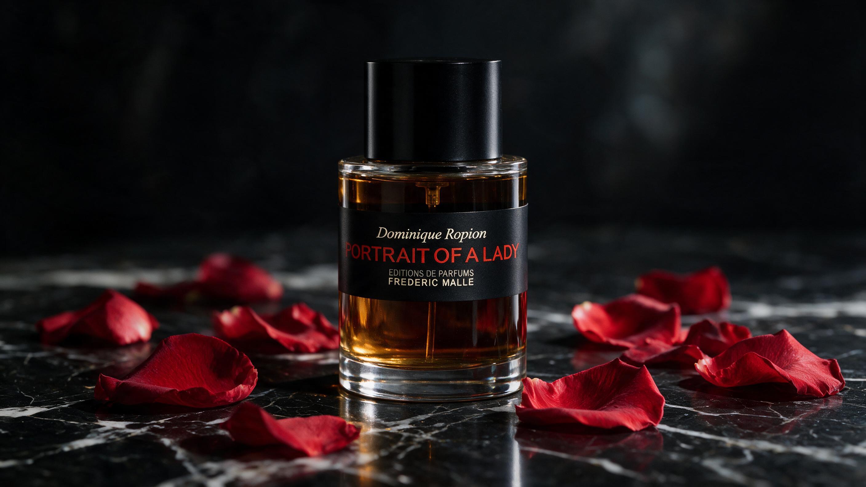 A luxury perfume bottle with deep amber liquid, placed on a dark marble surface, surrounded by scattered red rose petals