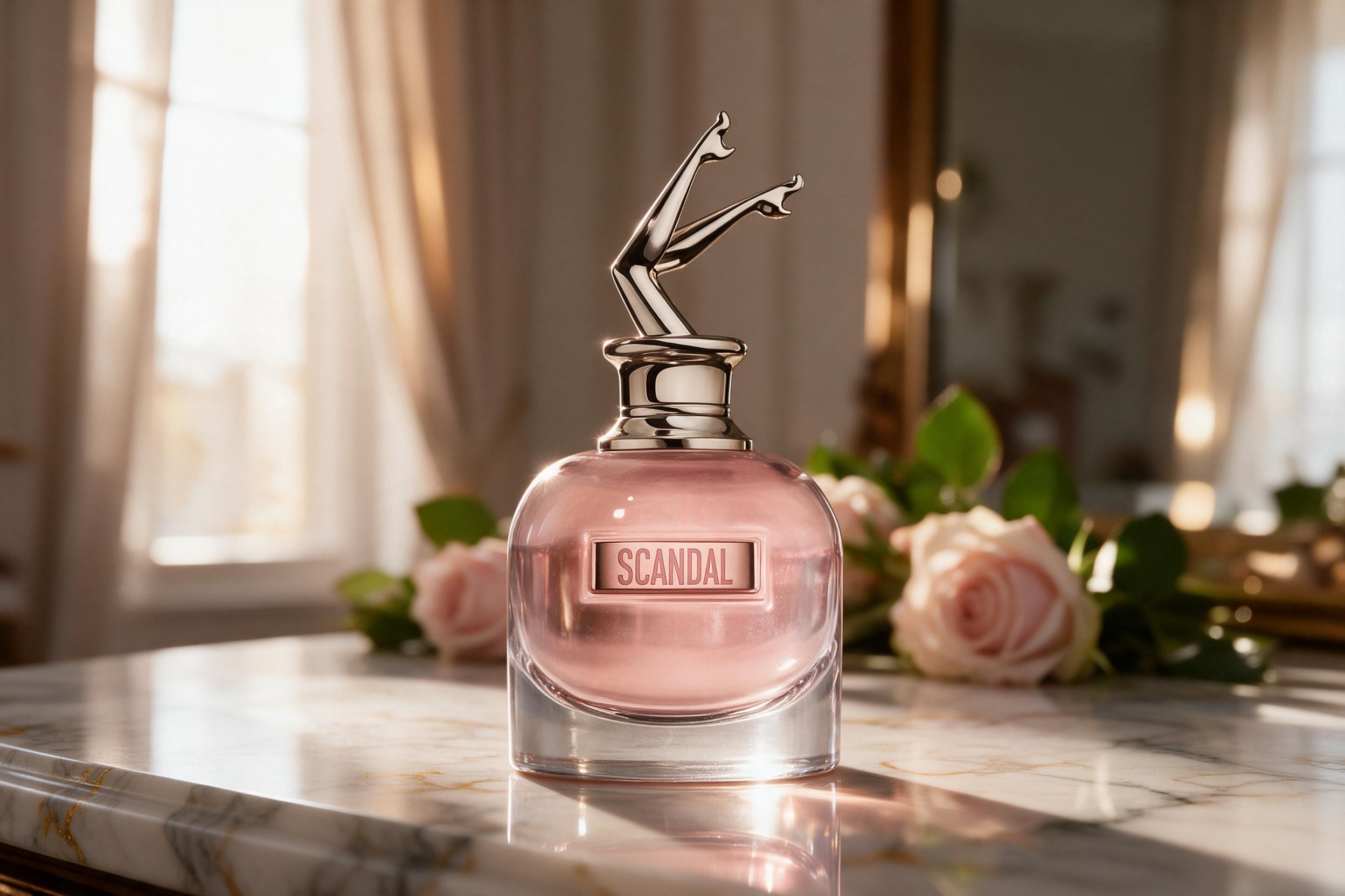 elegant unbranded perfume bottle standing on a polished marble surface with soft golden light and gentle shadows, minima