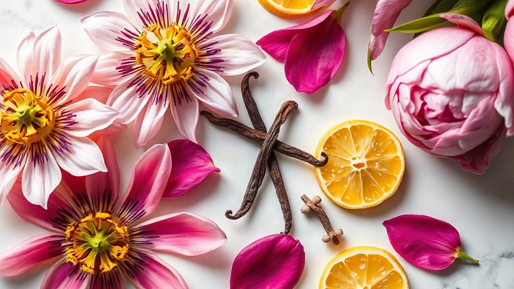 passion flower petals, peony blooms, vanilla pods and citrus slices arranged on a white marble surface, soft natural day