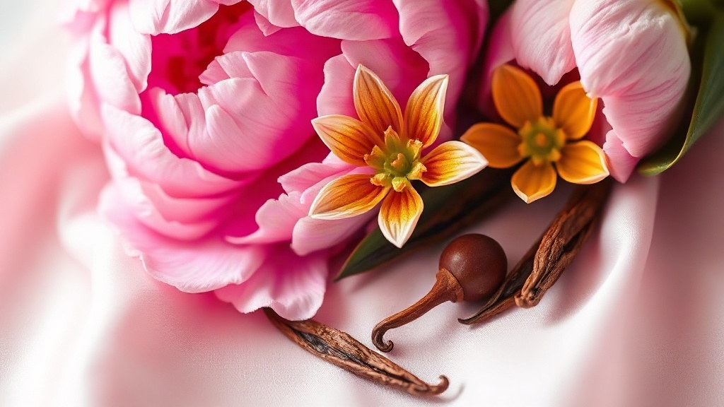 Close-up still life of blooming pink peony petals, fresh chestnut flower blossoms, and amber-colored vanilla pods arrang