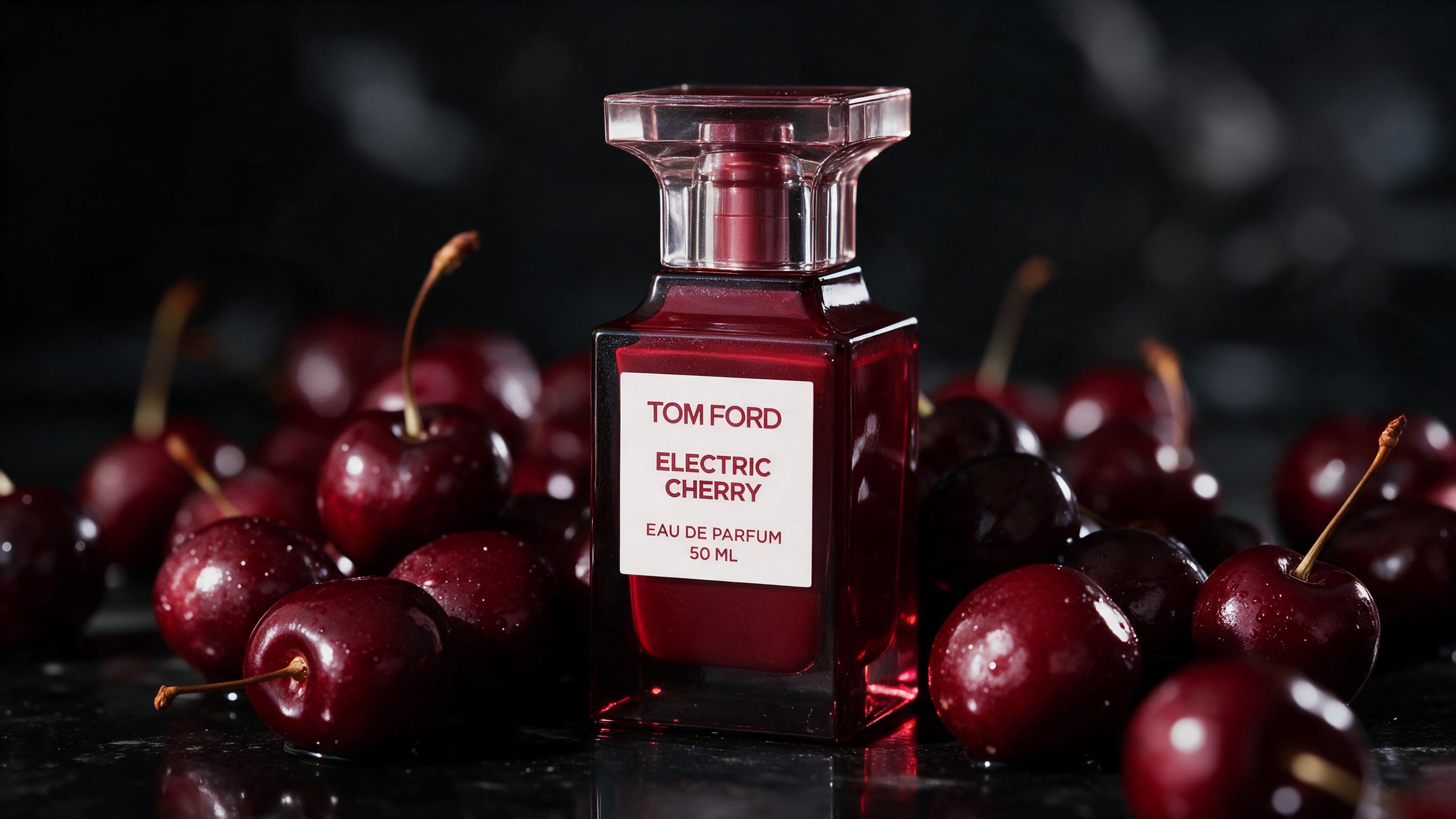 Elegant dark glass perfume bottle with a minimalist black cap, standing on a dark polished surface, deep red cherry liqu