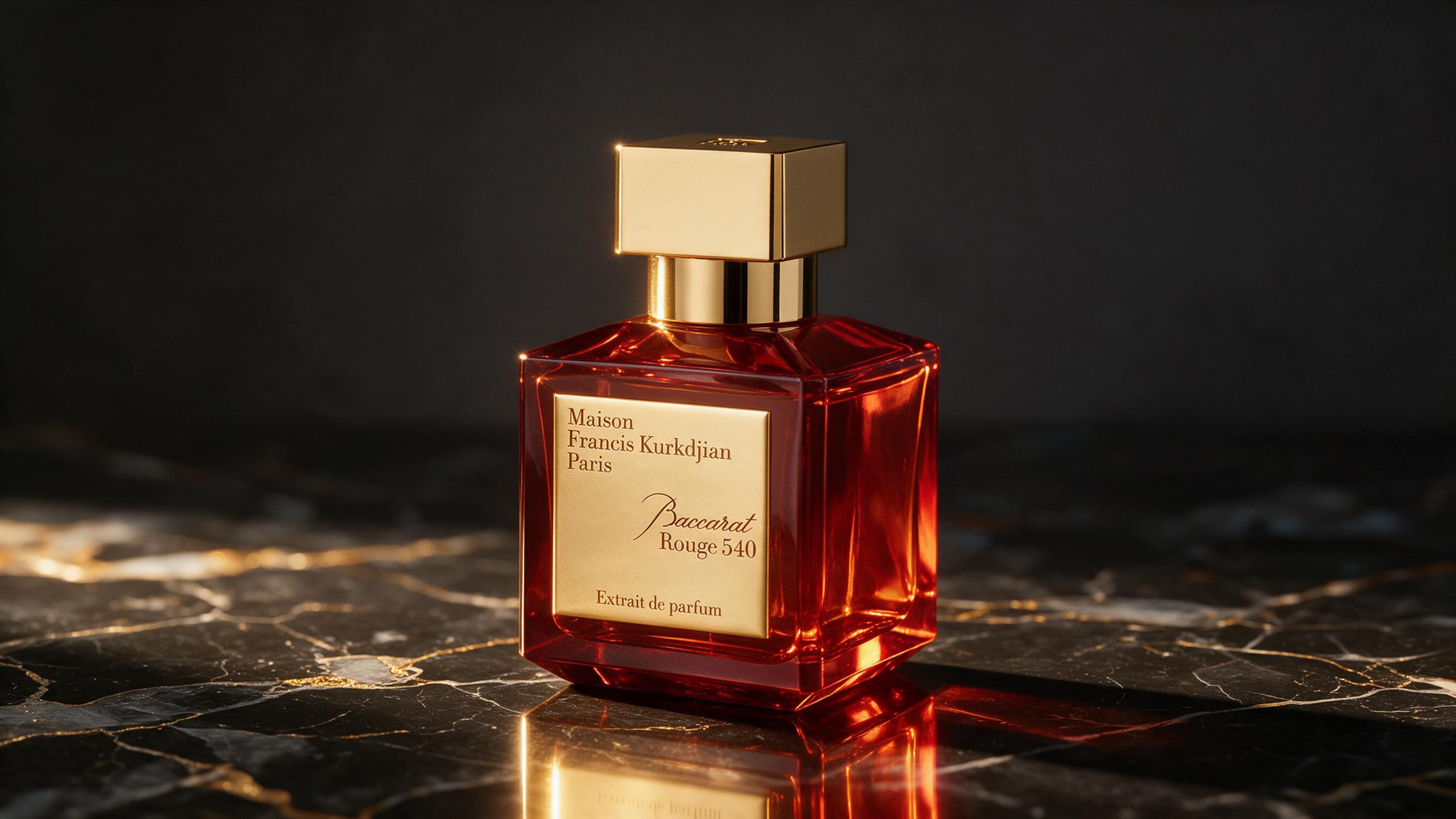 Luxury product photography of an amber-colored glass perfume bottle with a round translucent cap resembling a crystal pa