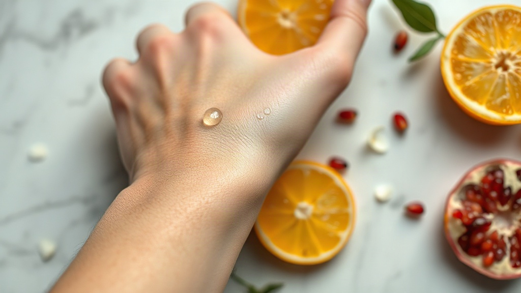 close-up photograph of a wrist pulse point application gesture, fine water droplets on skin, fresh bergamot citrus slice