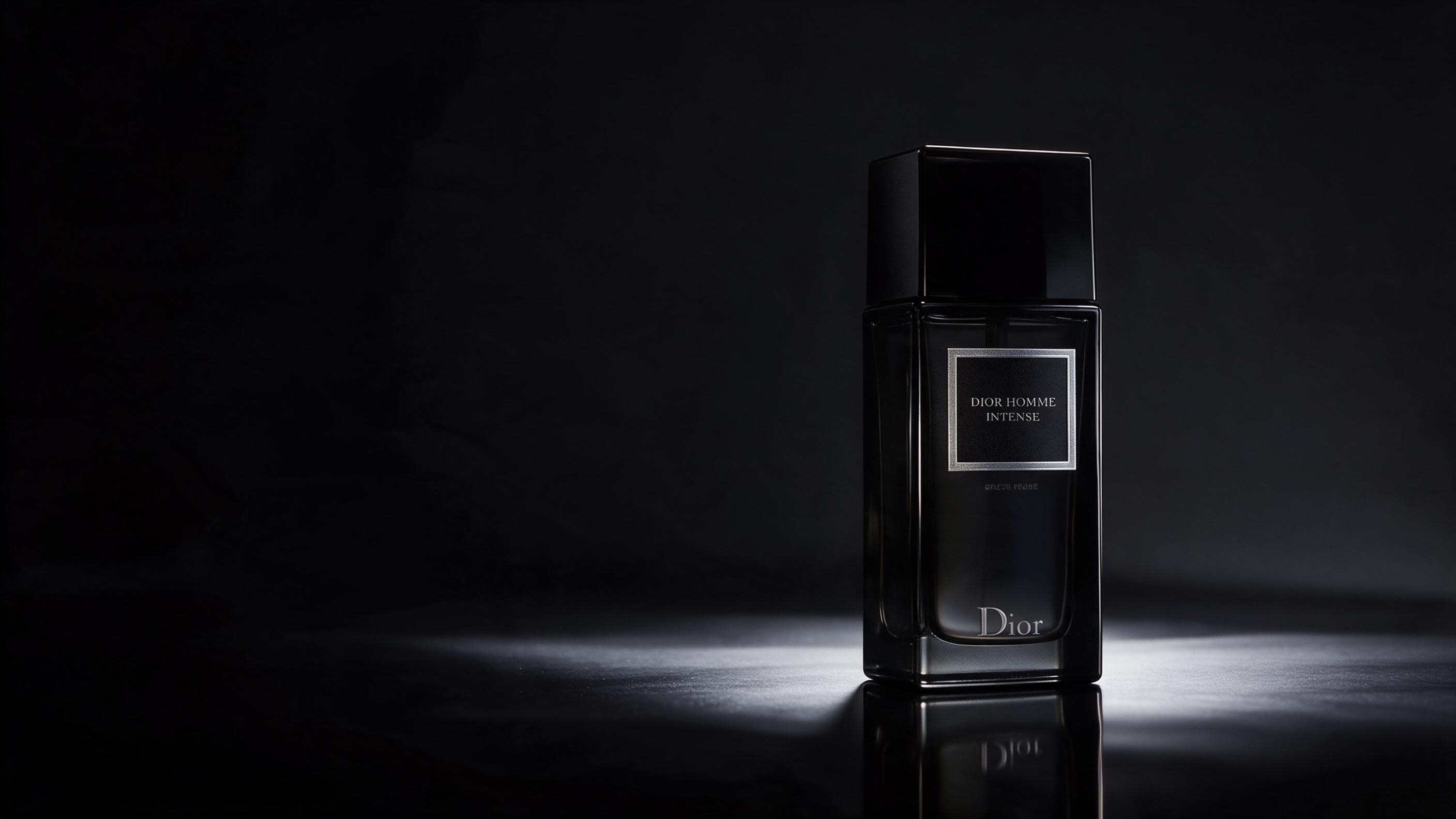 Photorealistic product photography of a Dior Homme Intense perfume bottle, rectangular dark glass bottle with black cap,