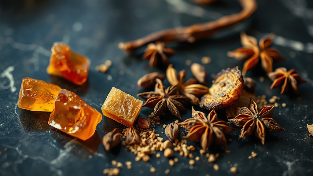 close-up macro photograph of raw perfume ingredients arranged on a dark marble surface, amber resin chunks, dried oud wo