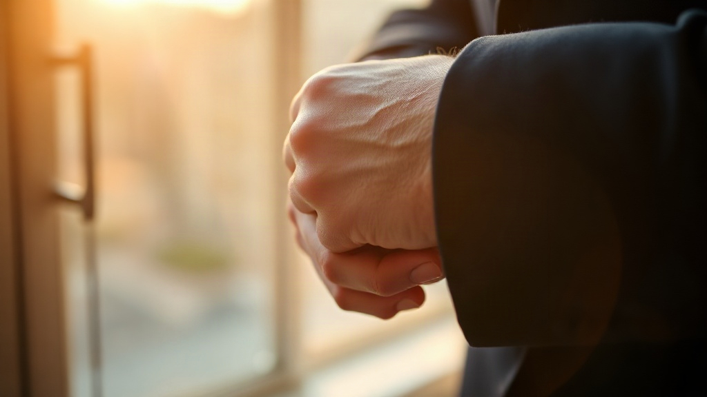 close-up of a man's wrist and hand in an elegant dark suit cuff, fingers gently pressed against the inner wrist as