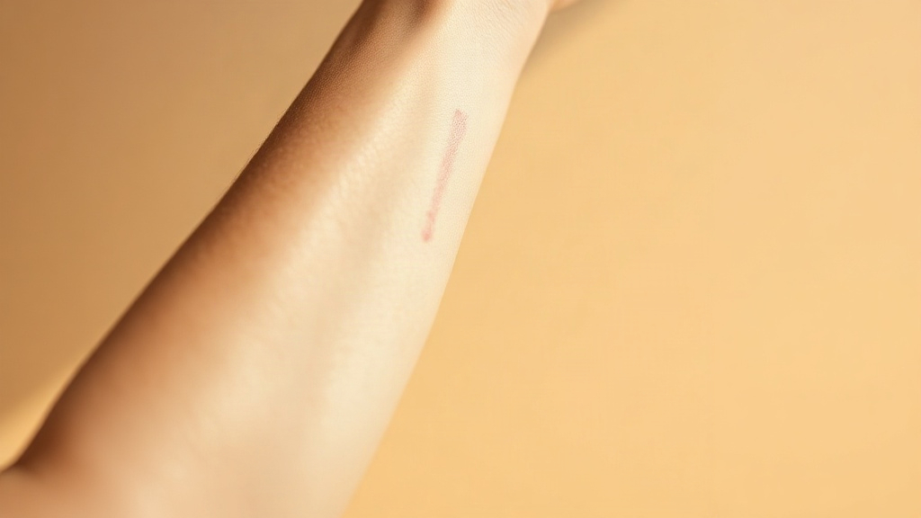 Close-up of a woman's wrist and inner forearm with a delicate dab of perfume being applied, fingertips lightly touc