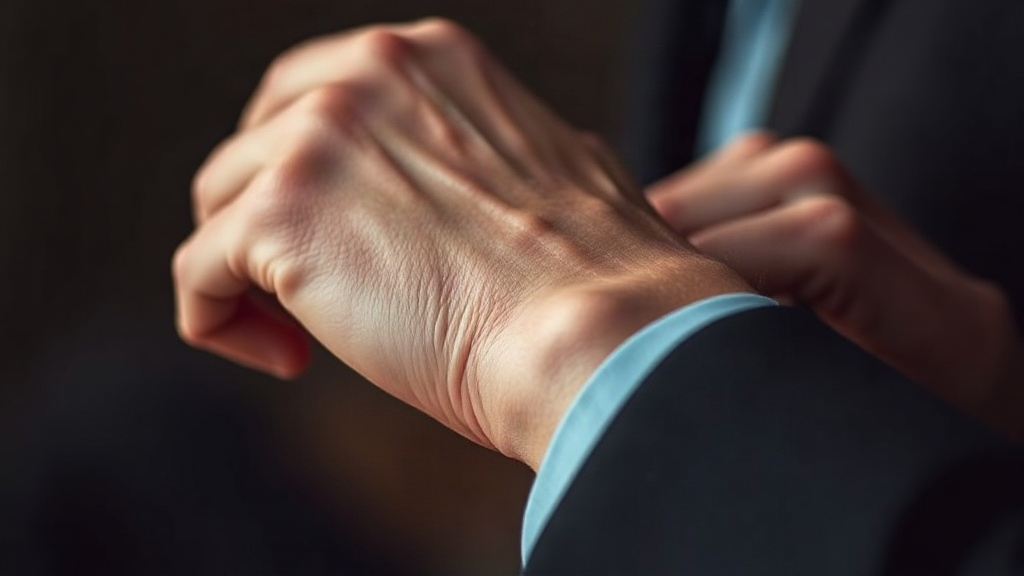 Close-up photo of a man's wrist and hand, fingers gently touching the inside of the wrist as if applying fragrance,