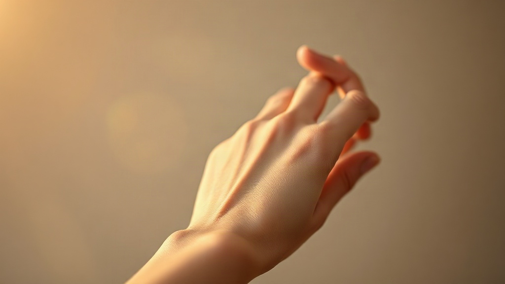 A single wrist and hand gently applying perfume, soft golden hour lighting, delicate water droplets, blurred neutral bac