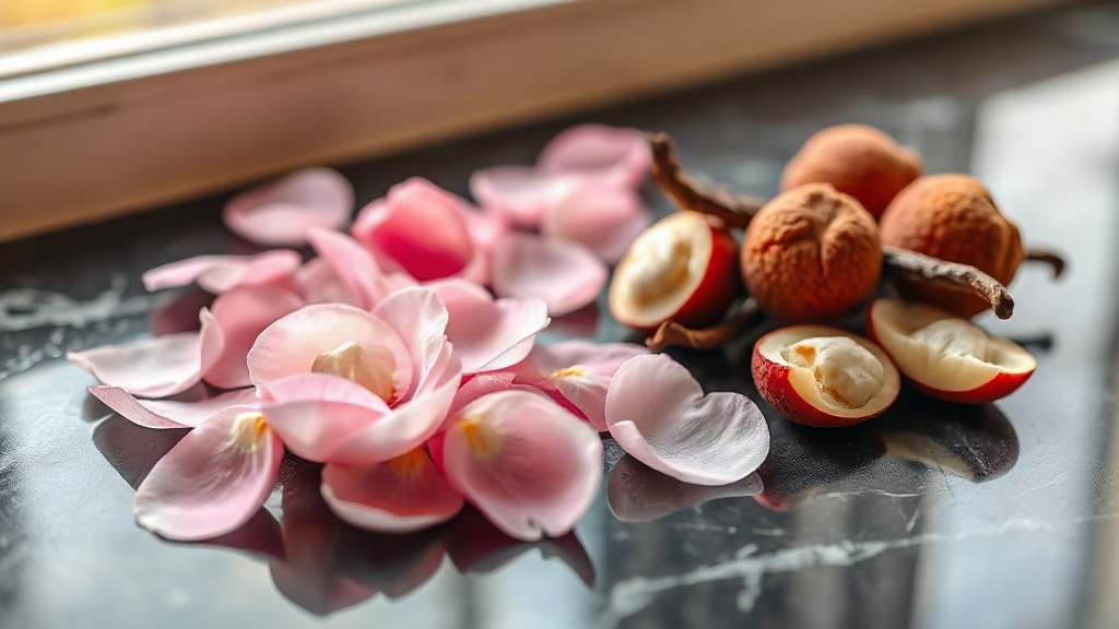 close up macro photograph of fresh pink rose petals scattered beside a small pile of lychee fruit and vanilla pods on a 