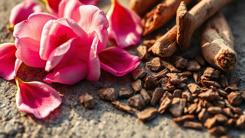 Close-up macro photograph of fresh pink and red rose petals scattered next to raw cedar wood chips and dried patchouli l