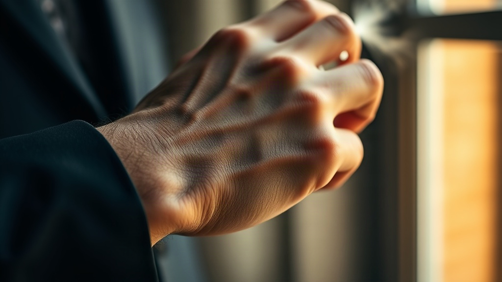 Close-up of a man's wrist and hand with skin glistening slightly, a fine mist of cologne spray caught in the air ju