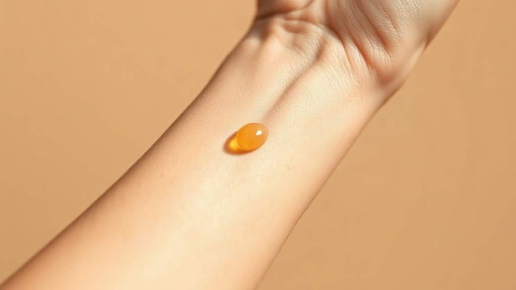 close-up of a bare wrist with a few drops of golden perfume glistening on the skin, soft natural daylight, minimalist be