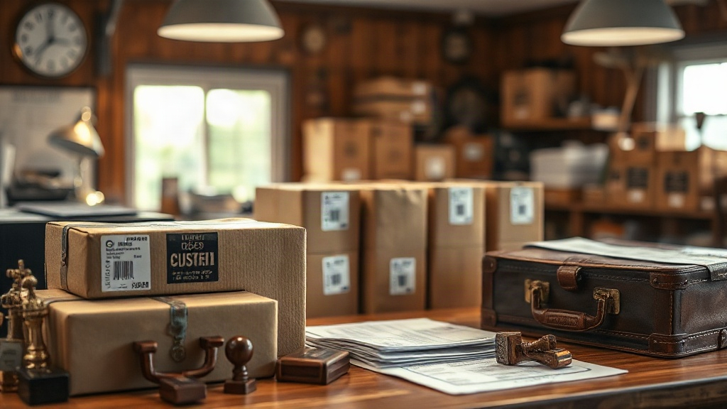customs inspection desk with sealed cardboard boxes, official rubber stamps, a leather suitcase and paperwork under warm