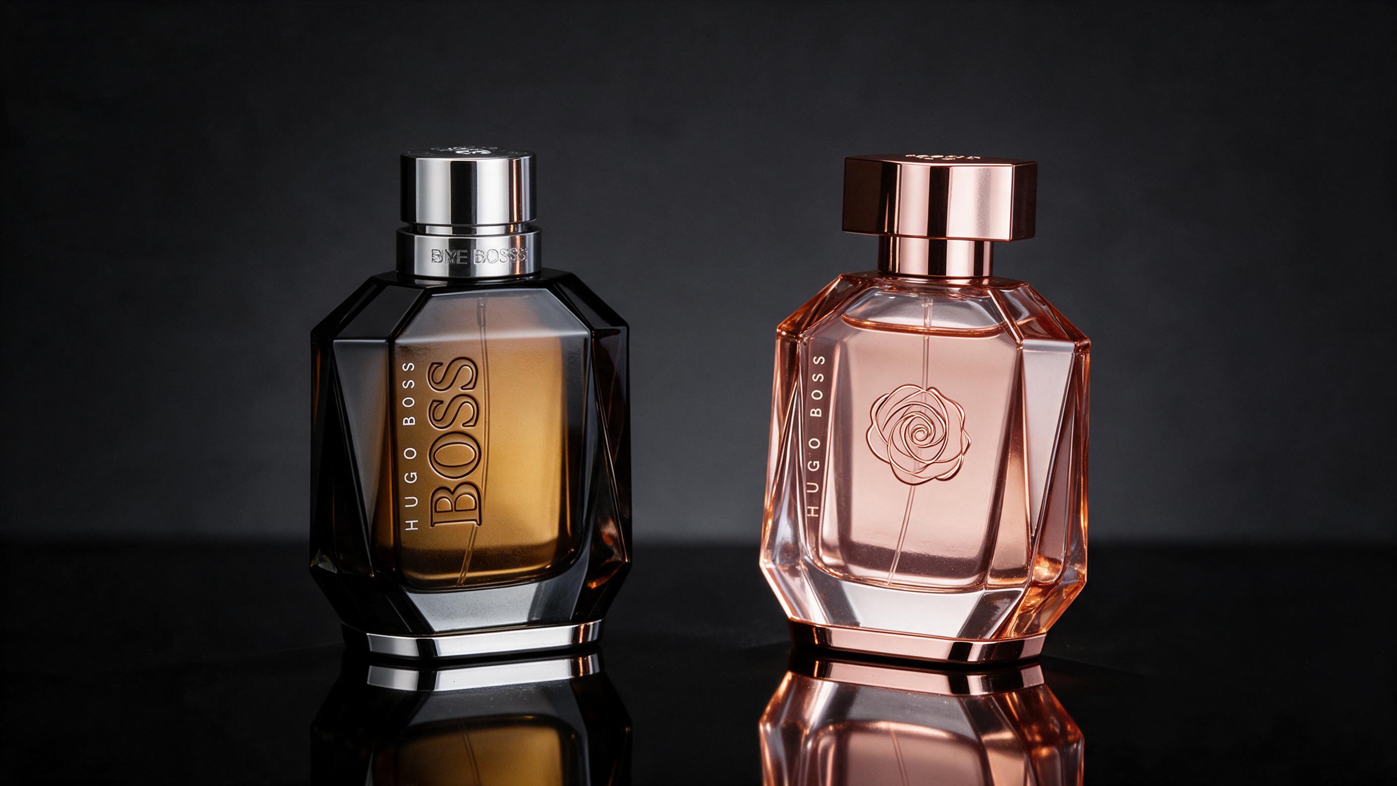 Photorealistic product photography of a pair of elegant men's and women's designer perfume bottles side by sid