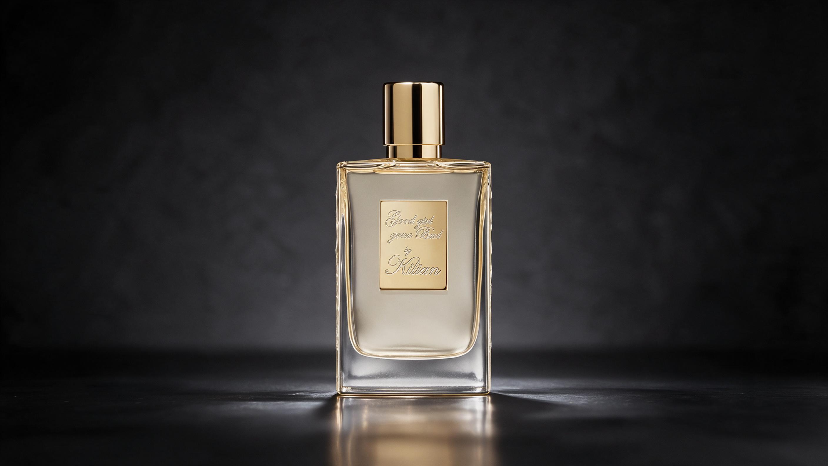 elegant studio product photography of a cylindrical perfume bottle with a black cap and amber-brown liquid inside, place