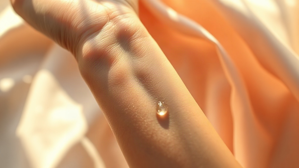 Close-up of a woman's wrist and hand delicately touching a drop of perfume onto the skin, soft golden side light, e