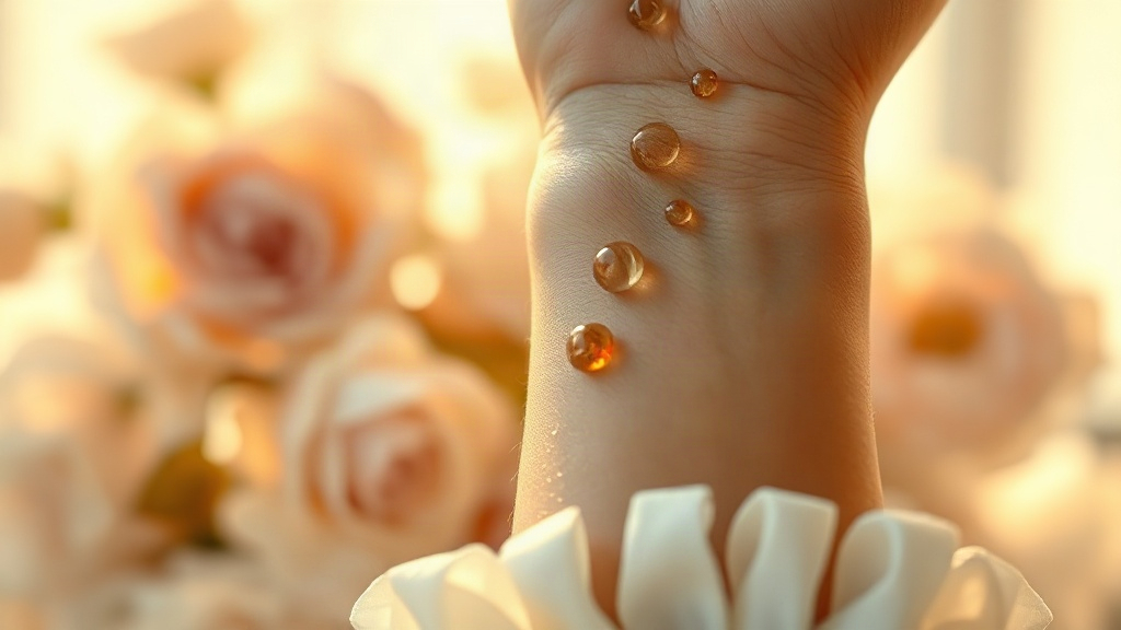 a woman's wrist and hand close-up with delicate droplets of perfume, soft golden light, blurred floral background, 