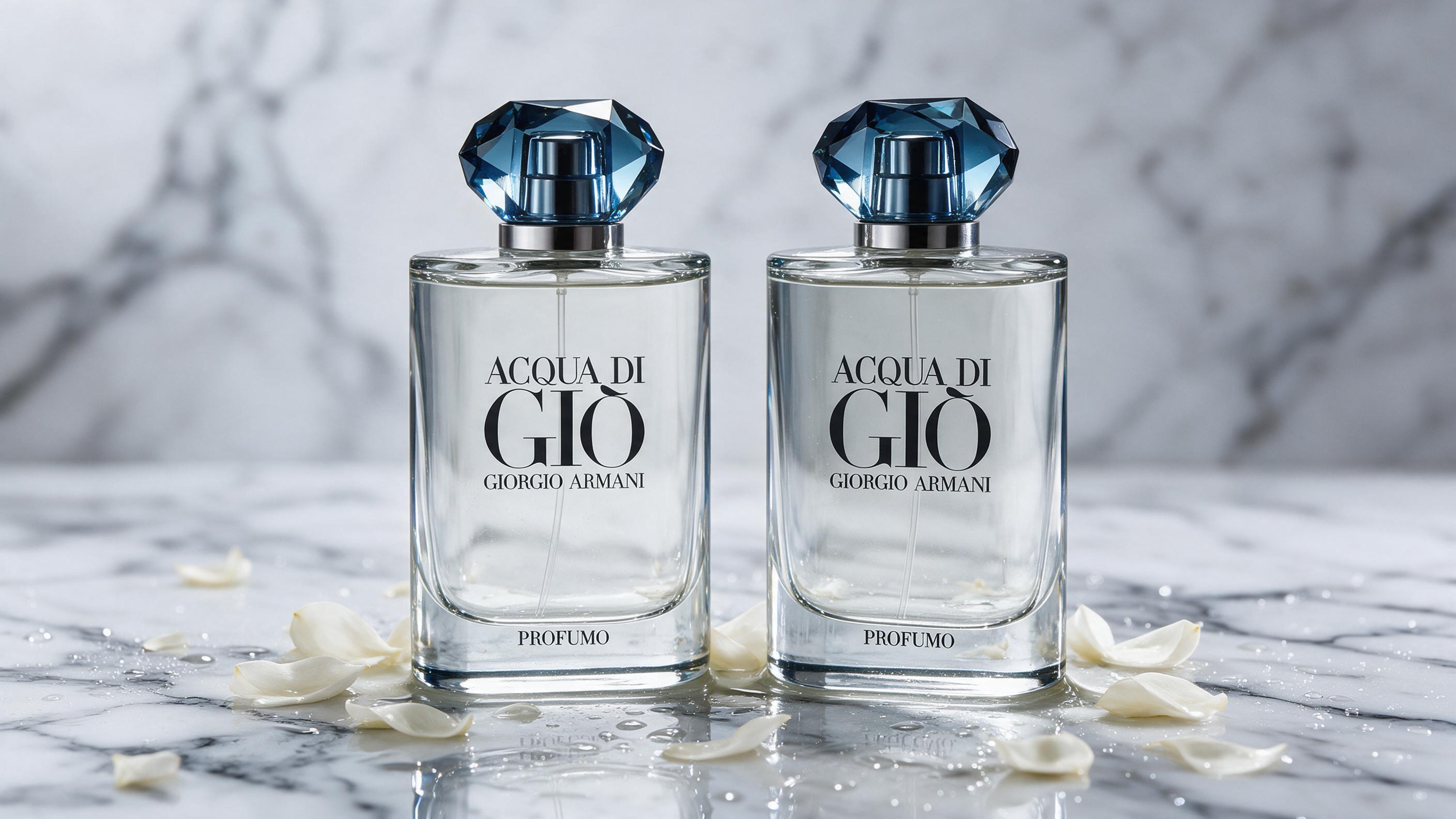 two elegant perfume bottles with faceted blue-toned glass caps resembling cut gemstones, clear glass bodies, standing si