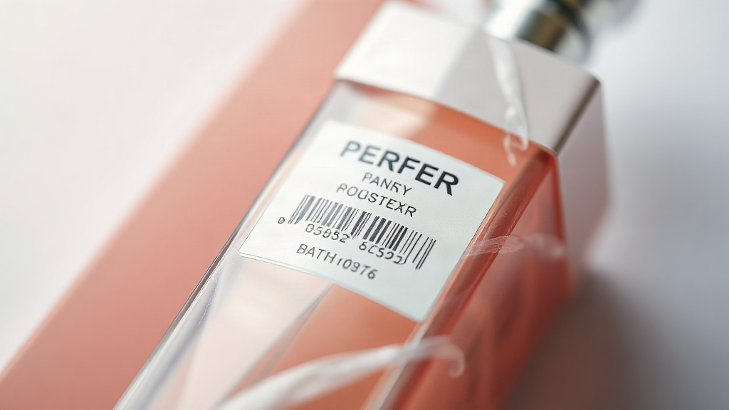 macro close-up of a perfume box with cellophane wrap, a barcode sticker, a hologram seal and a batch code print, soft st