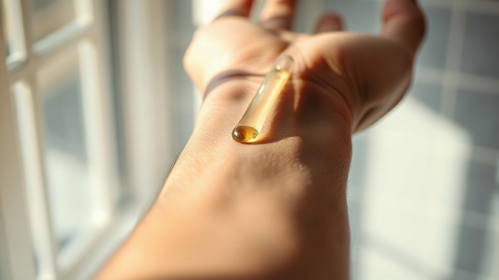 close-up photograph of a man's wrist and forearm, a single drop of golden perfume liquid glistening on the skin, so