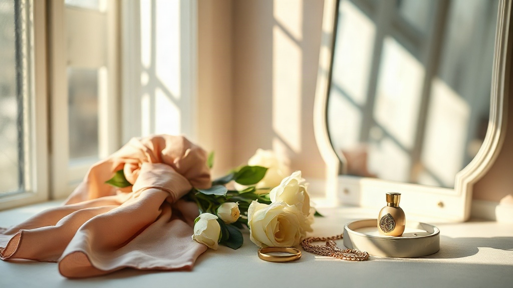 elegant morning routine scene, sunlight streaming through a window onto a dressing table with a silk scarf, fresh flower
