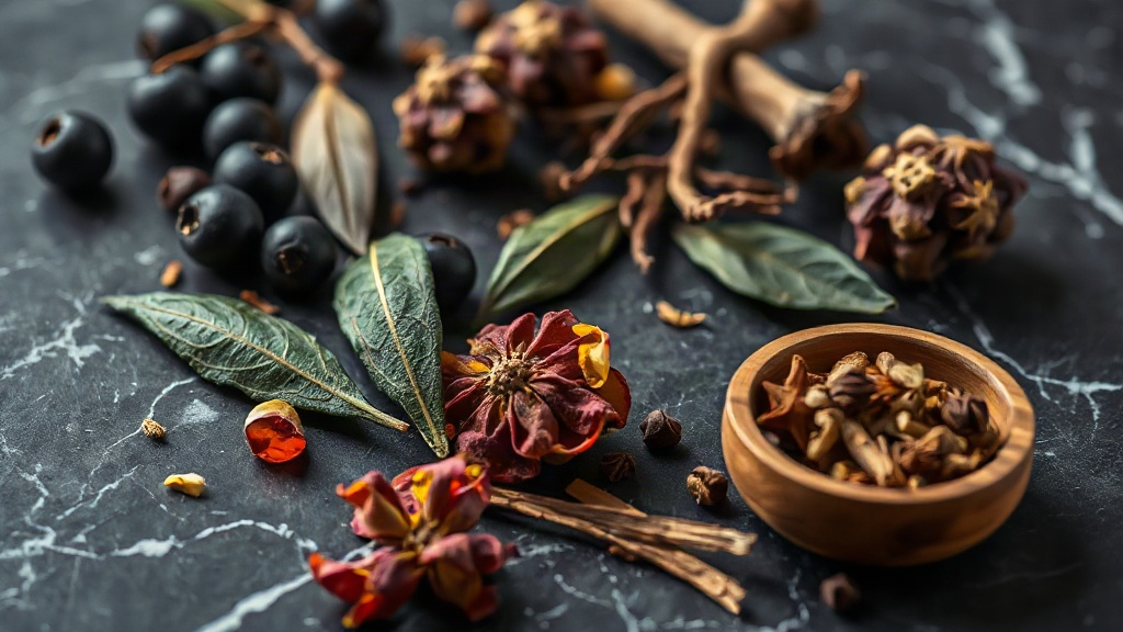 Macro photograph of perfumery raw materials arranged on a dark marble surface — dark berries, patchouli leaves, amber re